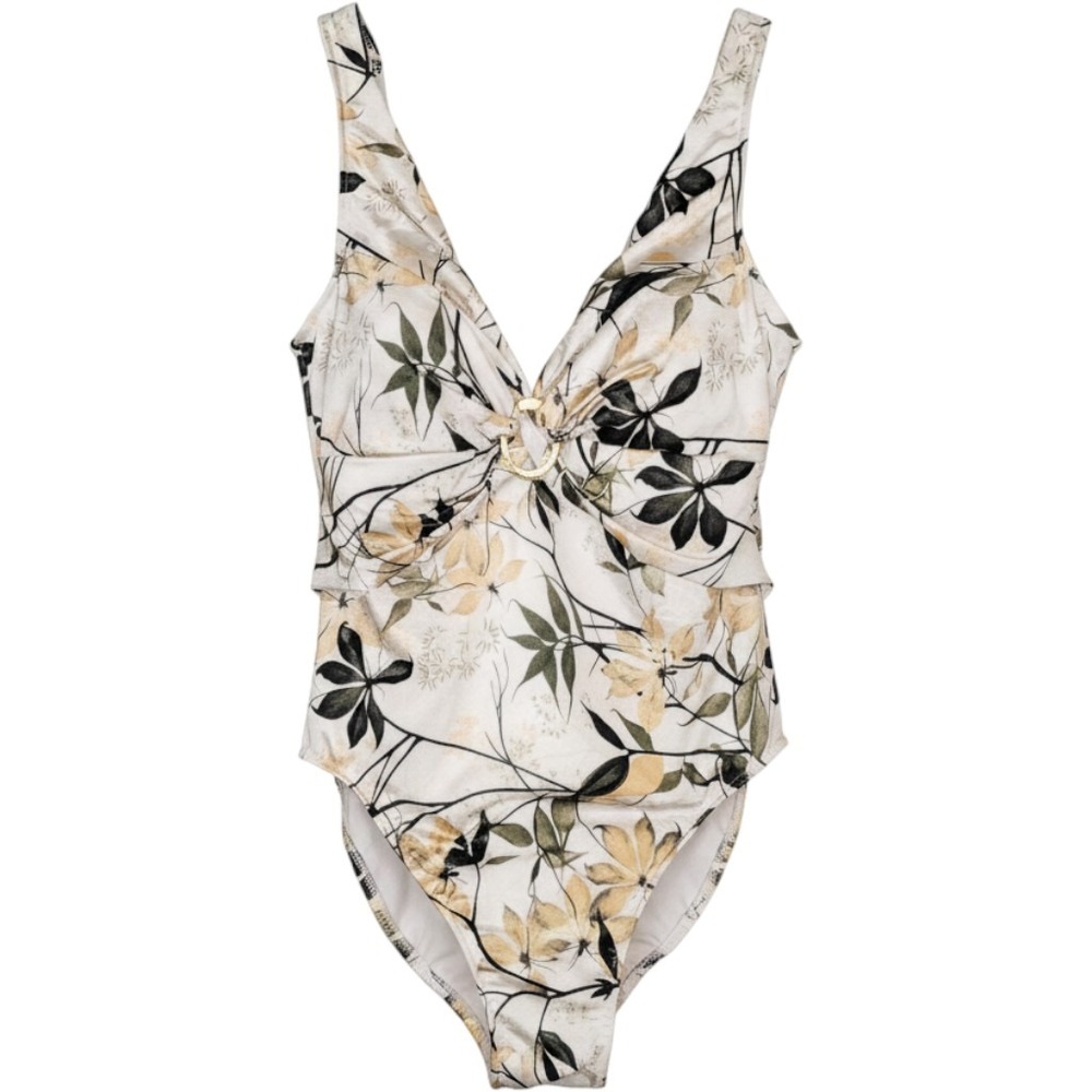 Miraclesuit Floral One Piece Swimsuit Womens Size 16 V-Neck Gold Cream Wireless